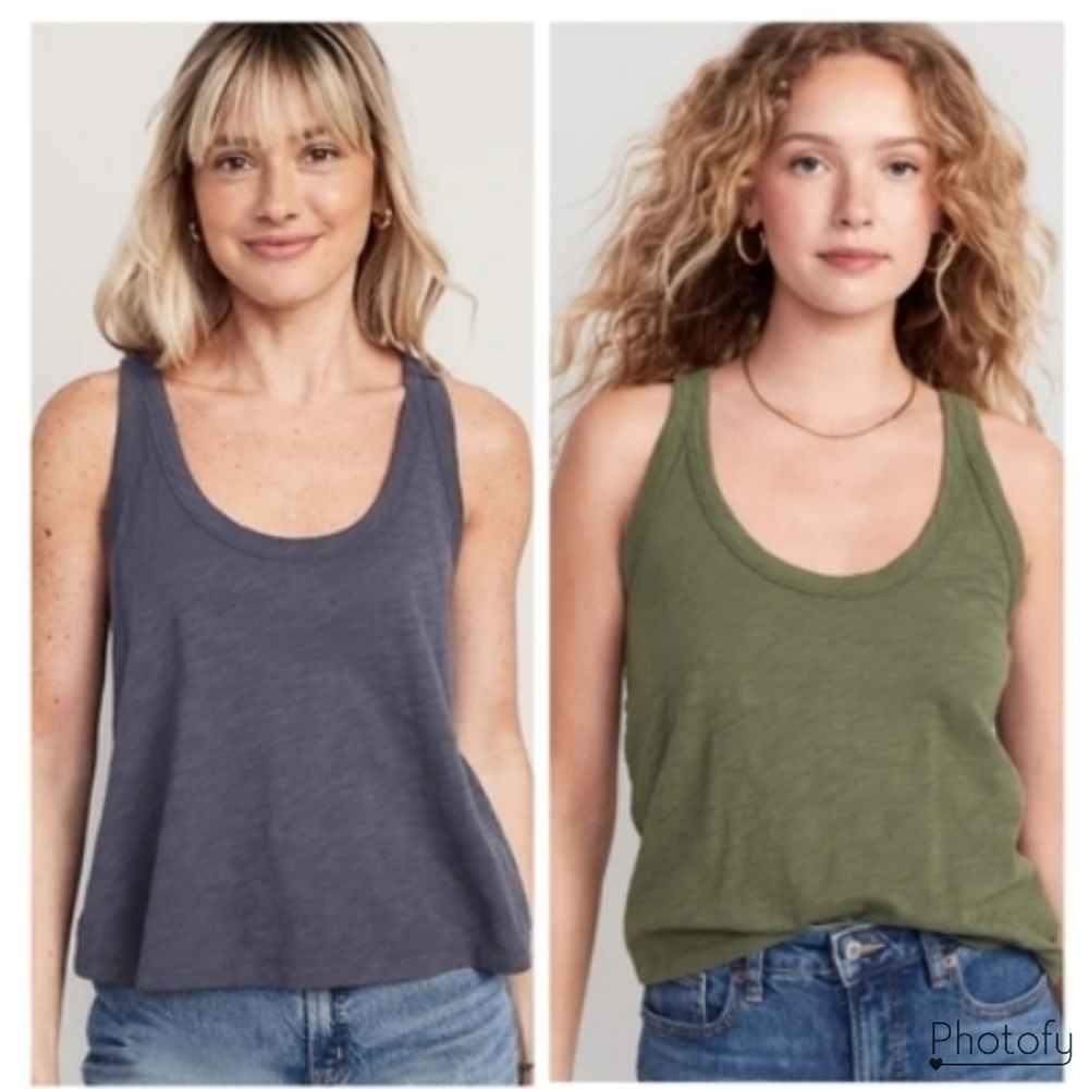 2 NWT Women's Old Navy 100% Cotton Summer Linen Tank Top Bundle - Blue / Green